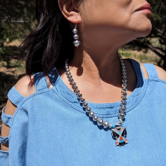 Navajo Jewelry Necklace Earrings Set Sterling Silver Beads Thunderbird Pendant *